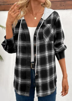 Black Patchwork Plaid Long Sleeve Hooded Coat