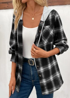 Black Patchwork Plaid Long Sleeve Hooded Coat -Modlily Shop 342926 P 16950368124702