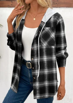 Black Patchwork Plaid Long Sleeve Hooded Coat -Modlily Shop 342926 P 16950368125905