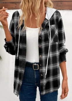 Black Patchwork Plaid Long Sleeve Hooded Coat -Modlily Shop 342926 P 16950368126684