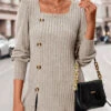Beige Button Long Sleeve Square Neck T Shirt