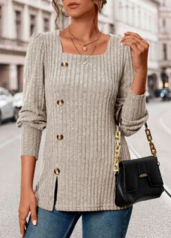 Beige Button Long Sleeve Square Neck T Shirt
