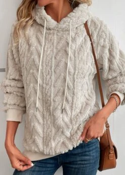 Beige Faux Fur Long Sleeve Hooded Sweatshirt -Modlily Shop 343002 P 16966733014384