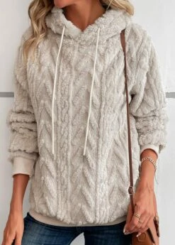 Beige Faux Fur Long Sleeve Hooded Sweatshirt -Modlily Shop 343002 P 16966733014415