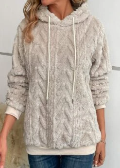 Beige Faux Fur Long Sleeve Hooded Sweatshirt -Modlily Shop 343002 P 16966733015033