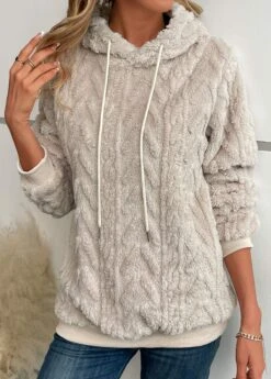 Beige Faux Fur Long Sleeve Hooded Sweatshirt