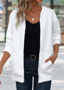 White Patchwork Long Sleeve Hooded Coat -Modlily Shop 343004 P 16966736749040