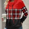 Red Patchwork Plaid Long Sleeve Cowl Neck Sweatshirt -Modlily Shop 343017 P 1695113698751