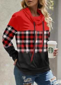 Red Patchwork Plaid Long Sleeve Cowl Neck Sweatshirt -Modlily Shop 343017 P 1695113699933