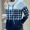 Light Blue Patchwork Plaid Long Sleeve Cowl Neck Sweatshirt -Modlily Shop 343018 P 1695200176604