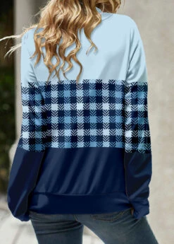 Light Blue Patchwork Plaid Long Sleeve Cowl Neck Sweatshirt -Modlily Shop 343018 P 1695200177620