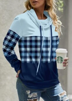 Light Blue Patchwork Plaid Long Sleeve Cowl Neck Sweatshirt -Modlily Shop 343018 P 1695200177758