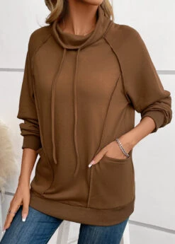 Dark Camel Patchwork Long Sleeve Cowl Neck Sweatshirt -Modlily Shop 343023 P 16967607200962