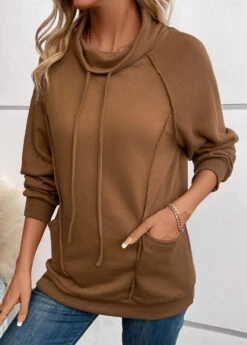 Dark Camel Patchwork Long Sleeve Cowl Neck Sweatshirt -Modlily Shop 343023 P 16967607204573