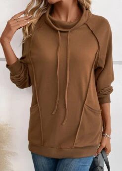 Dark Camel Patchwork Long Sleeve Cowl Neck Sweatshirt -Modlily Shop 343023 P 16967607205535