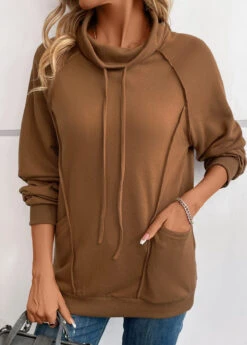 Dark Camel Patchwork Long Sleeve Cowl Neck Sweatshirt