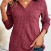 Wine Red Pocket Long Sleeve V Neck T Shirt -Modlily Shop 343024 P 16958969412190