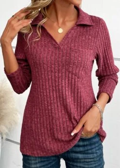 Wine Red Pocket Long Sleeve V Neck T Shirt