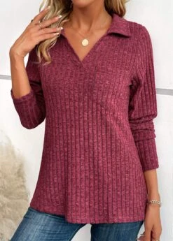 Wine Red Pocket Long Sleeve V Neck T Shirt -Modlily Shop 343024 P 16958969412442