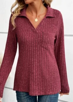 Wine Red Pocket Long Sleeve V Neck T Shirt -Modlily Shop 343024 P 16958969412805