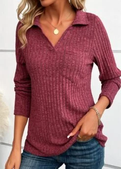 Wine Red Pocket Long Sleeve V Neck T Shirt -Modlily Shop 343024 P 16958969415544