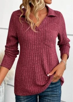 Wine Red Pocket Long Sleeve V Neck T Shirt -Modlily Shop 343024 P 16958969415923