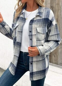 Blue Patchwork Plaid Turn Down Collar Coat -Modlily Shop 343027 P 16958968673093