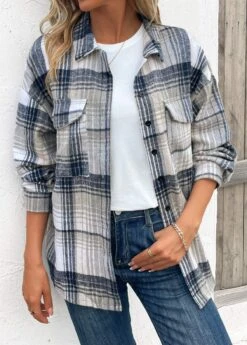 Blue Patchwork Plaid Turn Down Collar Coat