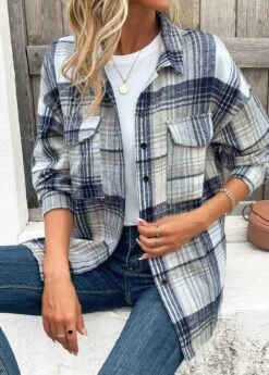 Blue Patchwork Plaid Turn Down Collar Coat -Modlily Shop 343027 P 16958968676235