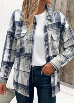 Blue Patchwork Plaid Turn Down Collar Coat -Modlily Shop 343027 P 16958968678722