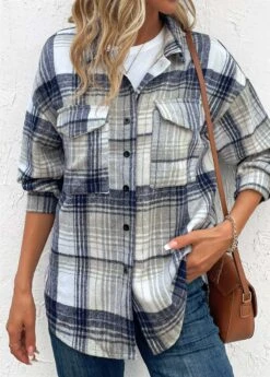 Blue Patchwork Plaid Turn Down Collar Coat -Modlily Shop 343027 P 16958968678934