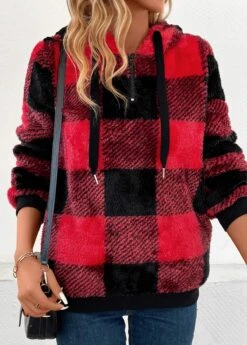Red Pocket Plaid Long Sleeve Hooded Sweatshirt -Modlily Shop 343054 P 16993349261284