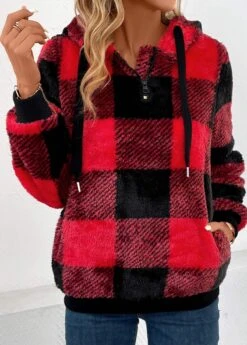 Red Pocket Plaid Long Sleeve Hooded Sweatshirt -Modlily Shop 343054 P 16993349265013