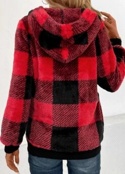 Red Pocket Plaid Long Sleeve Hooded Sweatshirt -Modlily Shop 343054 P 16993349265361