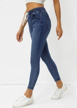 Denim Blue Pocket Skinny Drawastring High Waisted Jeans -Modlily Shop 343062 P 16969384715274