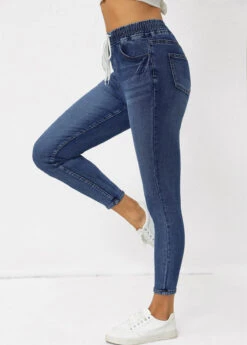 Denim Blue Pocket Skinny Drawastring High Waisted Jeans -Modlily Shop 343062 P 16969384717552