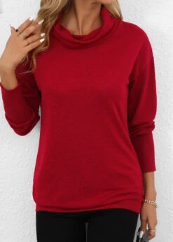 Wine Red Long Sleeve Cowl Neck Sweatshirt -Modlily Shop 343066 P 16977166390263