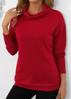 Wine Red Long Sleeve Cowl Neck Sweatshirt -Modlily Shop 343066 P 16977166391062