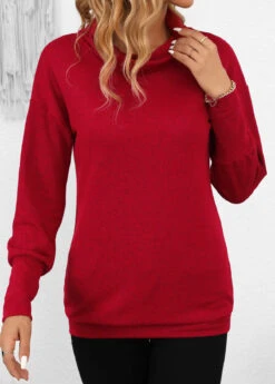 Wine Red Long Sleeve Cowl Neck Sweatshirt -Modlily Shop 343066 P 16977166392504