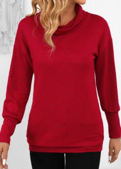 Wine Red Long Sleeve Cowl Neck Sweatshirt -Modlily Shop 343066 P 16977166394755