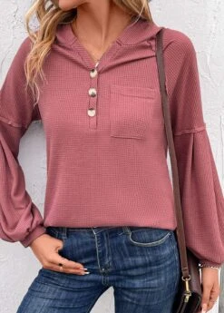 Dark Reddish Purple Button Long Sleeve Hoodie -Modlily Shop 343067 P 16967607543113