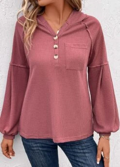 Dark Reddish Purple Button Long Sleeve Hoodie -Modlily Shop 343067 P 16967607543491