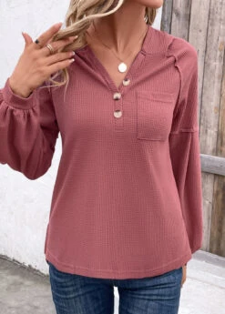 Dark Reddish Purple Button Long Sleeve Hoodie -Modlily Shop 343067 P 16967607545595