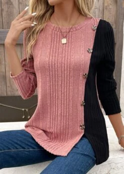 Black Patchwork Long Sleeve Round Neck T Shirt -Modlily Shop 343145 P 16967445899200