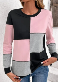 Light Pink Patchwork Long Sleeve Round Neck Sweatshirt -Modlily Shop 343146 P 16967445891533