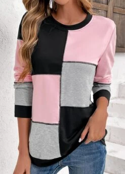 Light Pink Patchwork Long Sleeve Round Neck Sweatshirt -Modlily Shop 343146 P 16967445899114