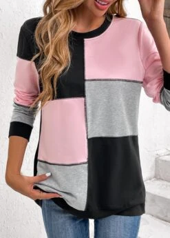 Light Pink Patchwork Long Sleeve Round Neck Sweatshirt -Modlily Shop 343146 P 16967445899852