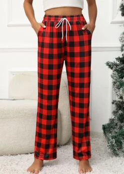 Red Pocket Plaid Drawastring High Waisted Pants