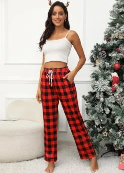 Red Pocket Plaid Drawastring High Waisted Pants -Modlily Shop 343158 P 16969384661414
