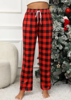 Red Pocket Plaid Drawastring High Waisted Pants -Modlily Shop 343158 P 16969384664473